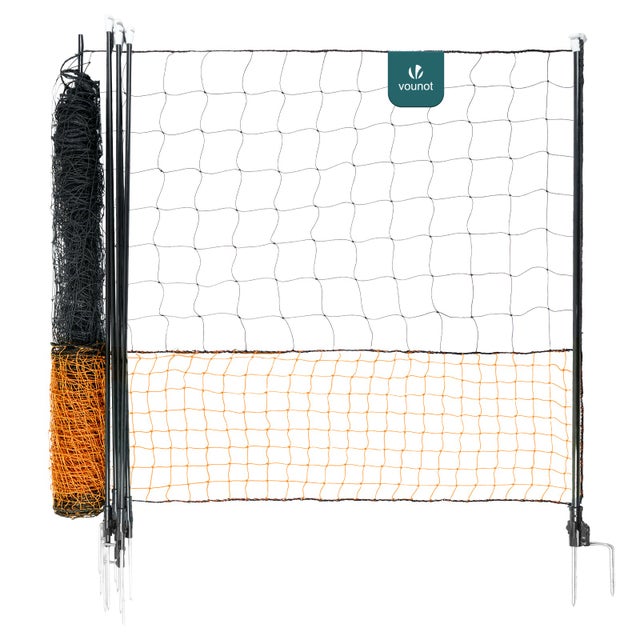 Kit filet à poules 12m avec piquets double pointes - Clôture volaille avec porte d’accès - Enclos extérieur en PE orange - VOUNOT®