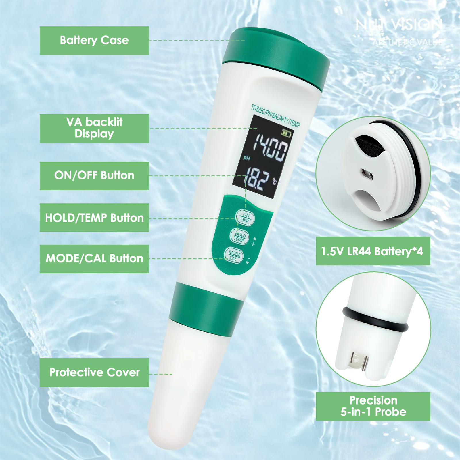 Stylo de test de qualité de l'eau multifonction 5 en 1, TDS, EC, pH, sel, température, résultats rapides, haute précision, testeur de qualité de l'eau - 3