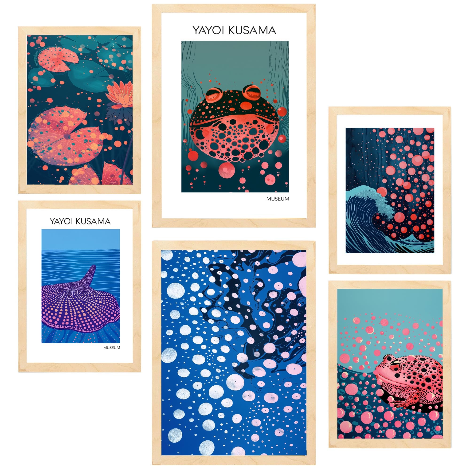 Set de 6 yayoi kusama fish water nature blue japanise cuadros con ilustración de diseño para decorar. tienda. a3 y a4. marco madera clara
