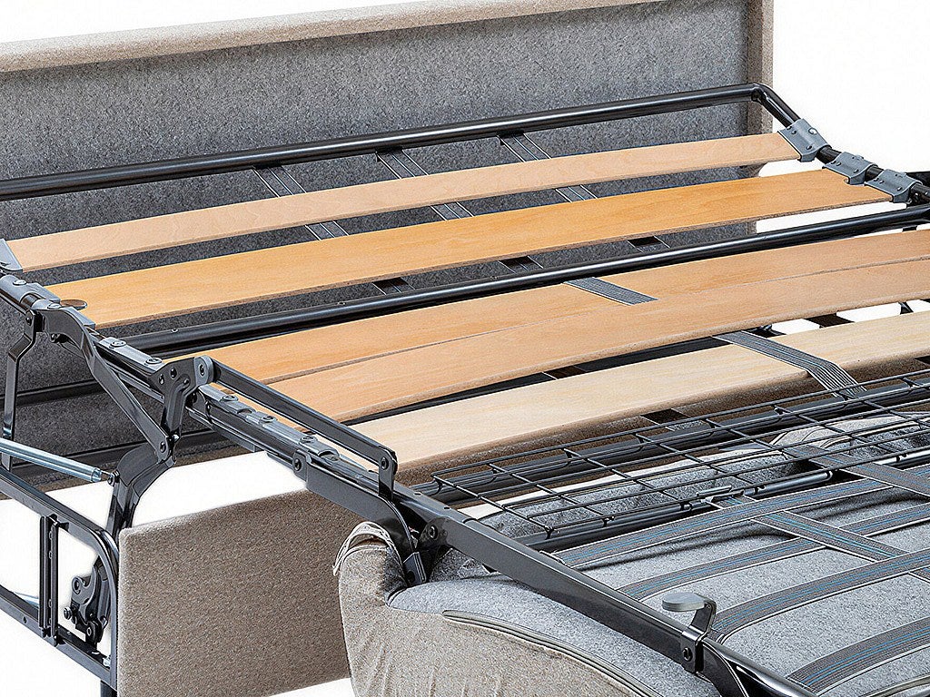 Kanapa 3-osobowa rozkładana typu express ze sztruksu w kolorze stalowego błękitu - Miejsce do spania z szerokimi listewkami 140 cm - Materac 14 cm - C