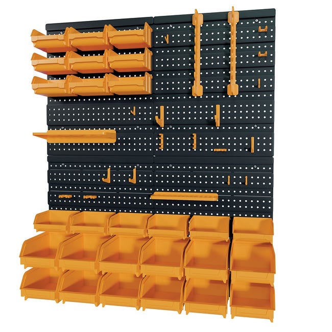 Panneau porte outils 77 x 78 cm et 82 caisses de rangement empilables Panneau porte outils 77 x 78 cm et 82 caisses de rangement empilables