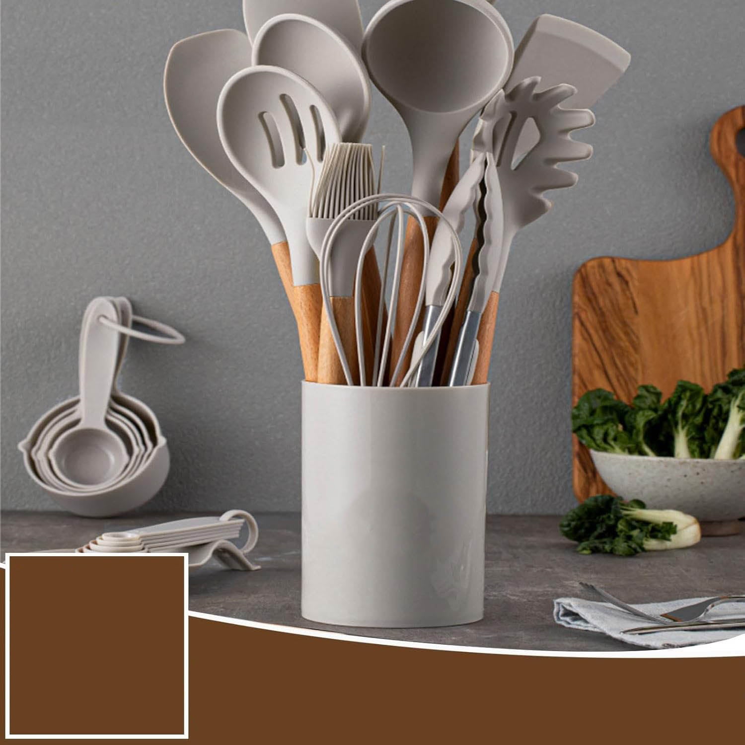 Lote 12 Utensilios de Cocina de Silicona y Mango de Madera con Soporte - 7