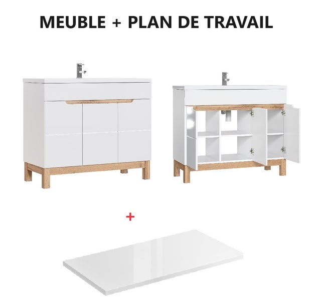 Meuble sous lavabo de salle de bain avec pieds - Blanc alpin - L100-H84-P46 - JAVA + Plan de vasque en bois BLANC ALPIN L-100-P46-H2,5