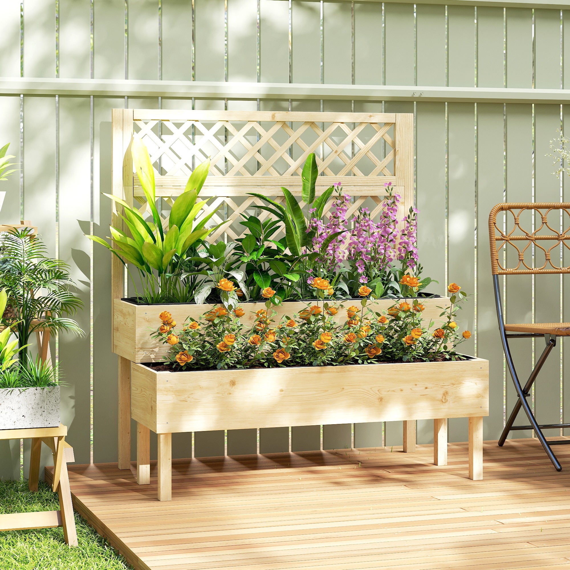Jardinière surélevée à 2 niveaux avec treillis, jardinière intégrée, revêtement en tissu non tissé, 108 x 62 x 120 cm, effet naturel - 3