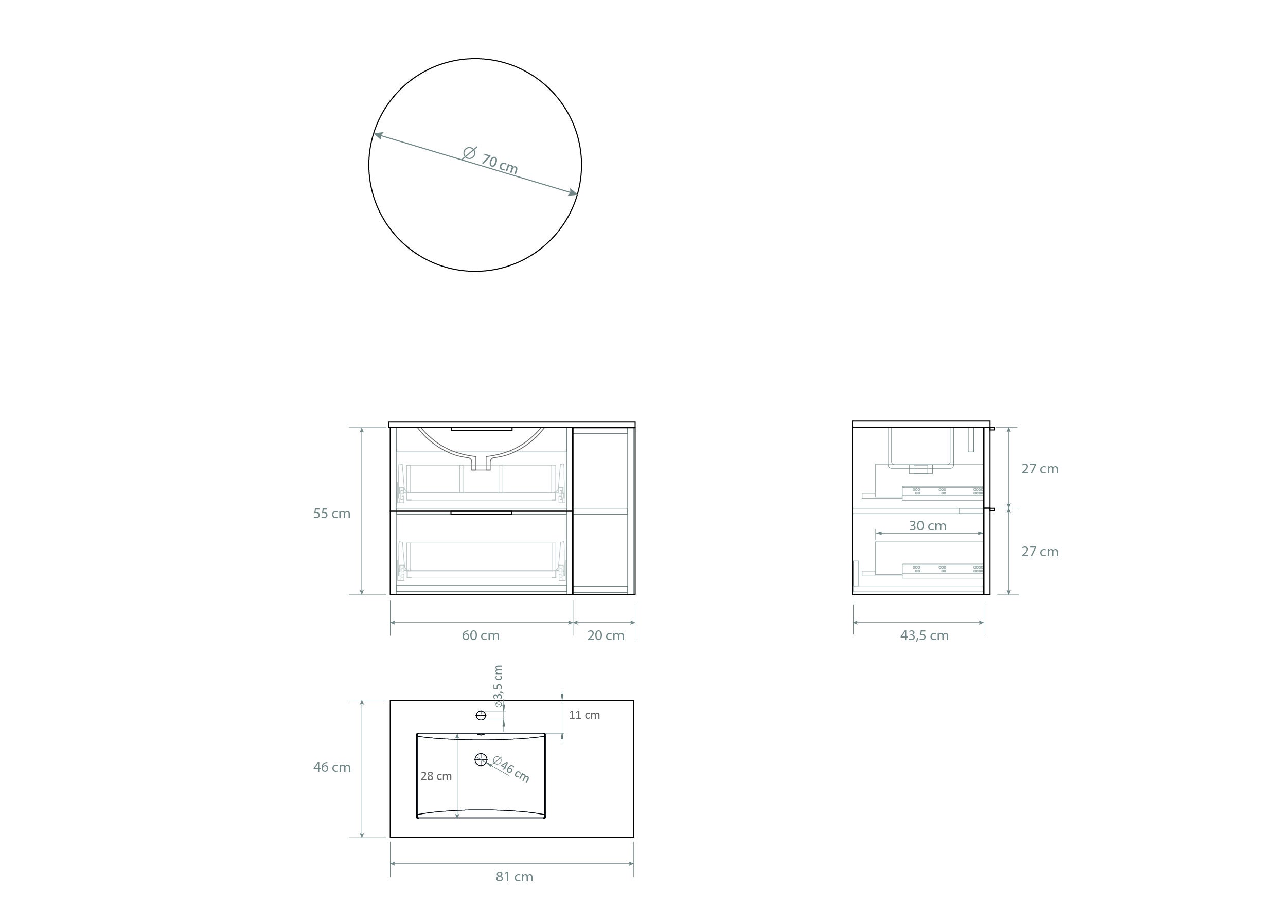 Meuble de salle de bain Mapau Pack avec lavabo et miroir circulaire BRIDAN deux tiroirs chêne Bardolino 80cm - 6