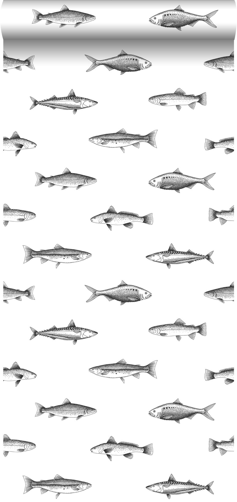 Tapeta rysunek piórkiem ryby białymIczarnym - 53 cm x 10.05 m - ESTAHOME
