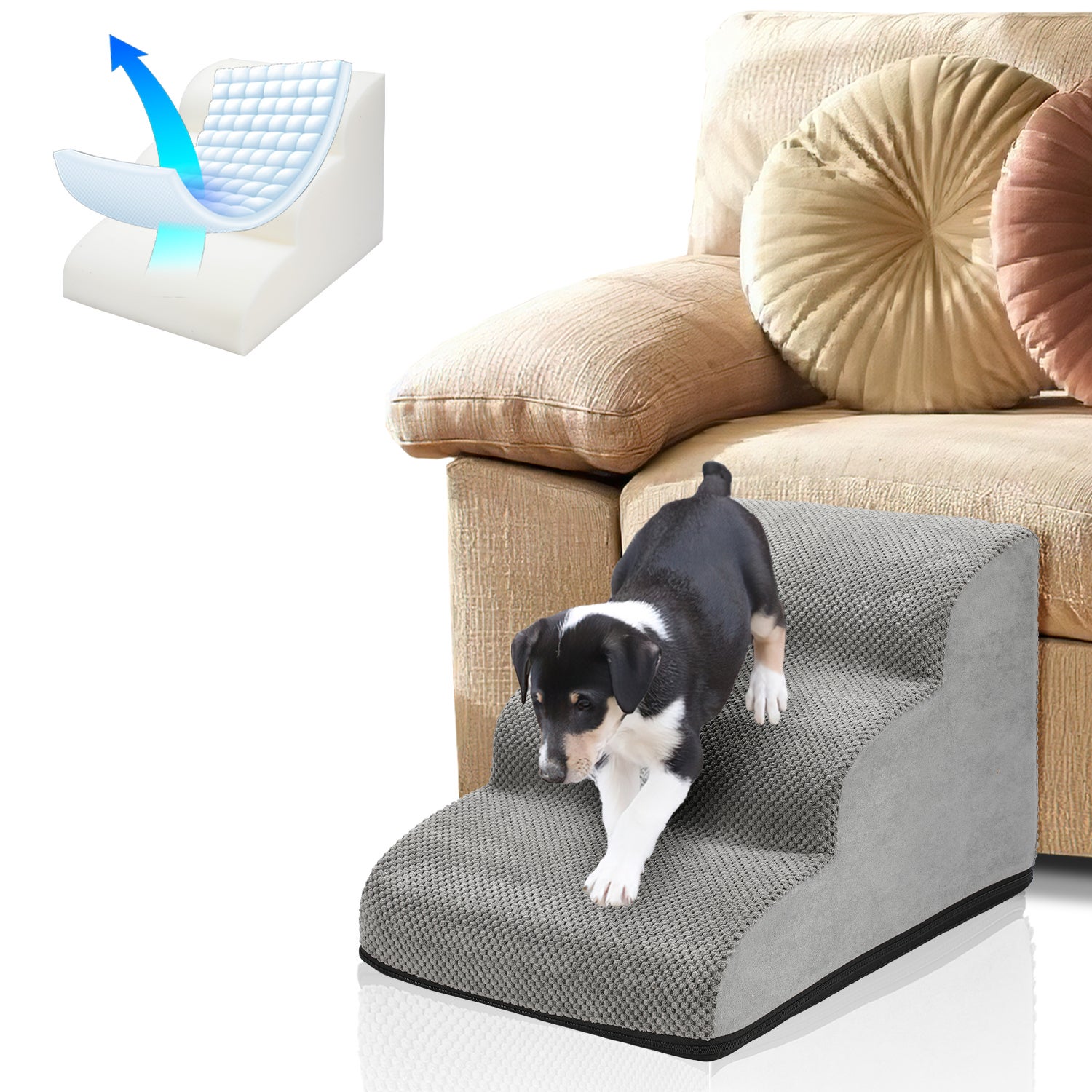 Escalier pour animaux de compagnie en mousse haute densité à 3 marches, rampe antidérapante pour chien/chat, exercice pour animaux de compagnie - 2