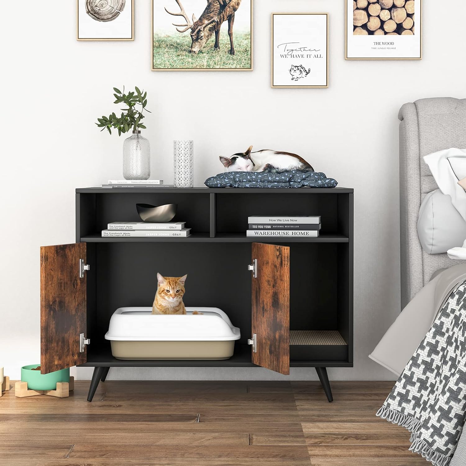 Arena para gatos, armario para gatos con puerta doble, gato Compartimentos y rascador, 90 x 50 x 70 cm - 9