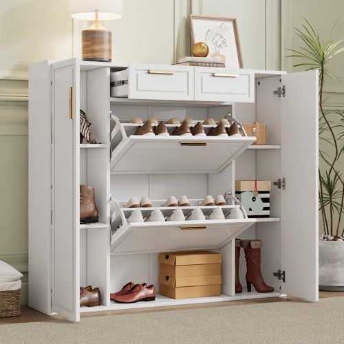Nowoczesna biała półka na buty z regulowanymi półkami, podwójnymi szufladami, drzwiami uchylnymi i złotymi uchwytami B120/G24/W107 CM