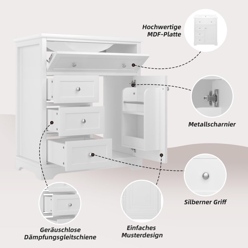 Meuble vasque salle de bain blanc 76 cm – 3 tiroirs silencieux, rangement, vasque céramique – 76x46x87 cm - 9