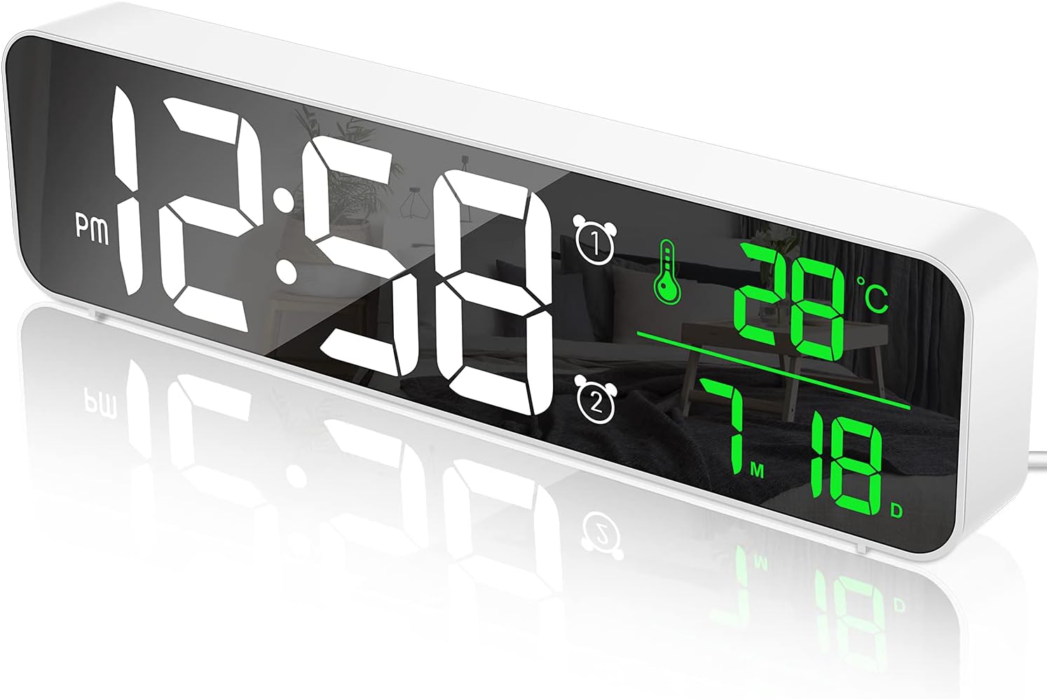Reloj despertador digital, reloj de pared, despertador matutino, led, espejo digital, pantalla grande con fecha y temperatura, 2 alarmas, 6 niveles de
