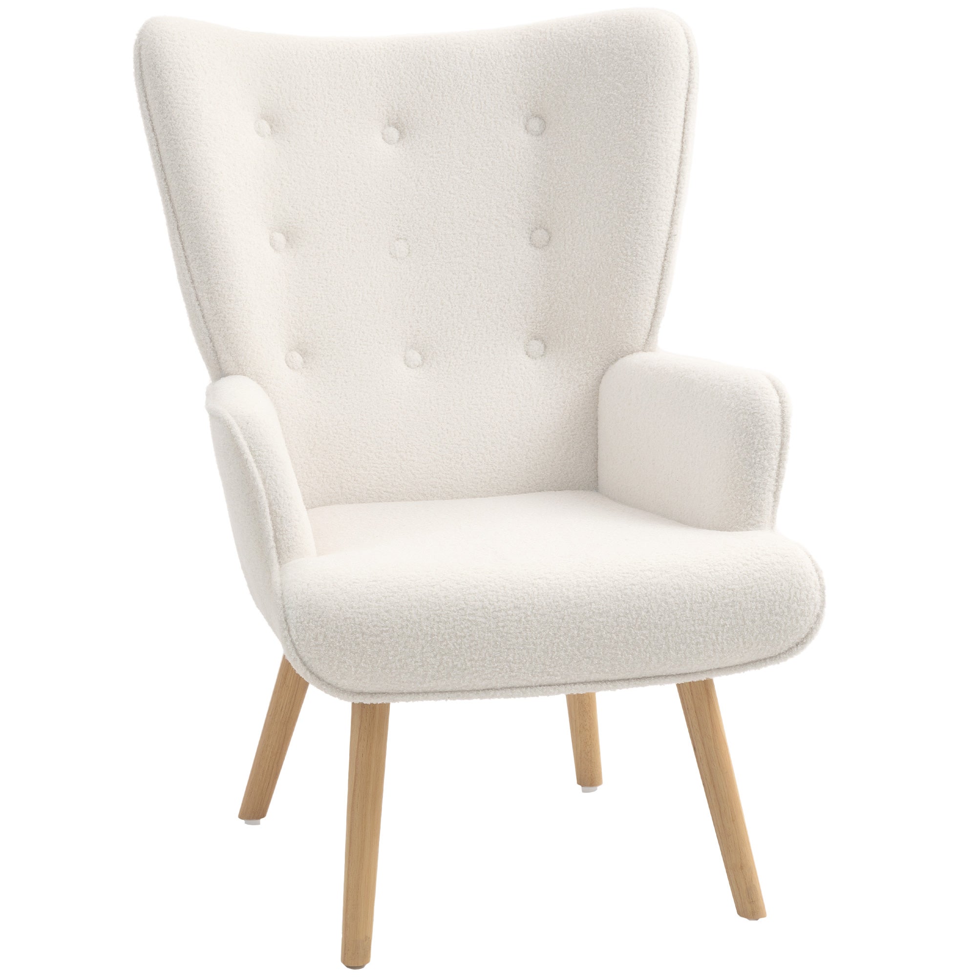 Fauteuil de salon en tissu bouclé, capitonné et rembourré, pieds en bois, 71 x 74 x 96 cm, beige - 2