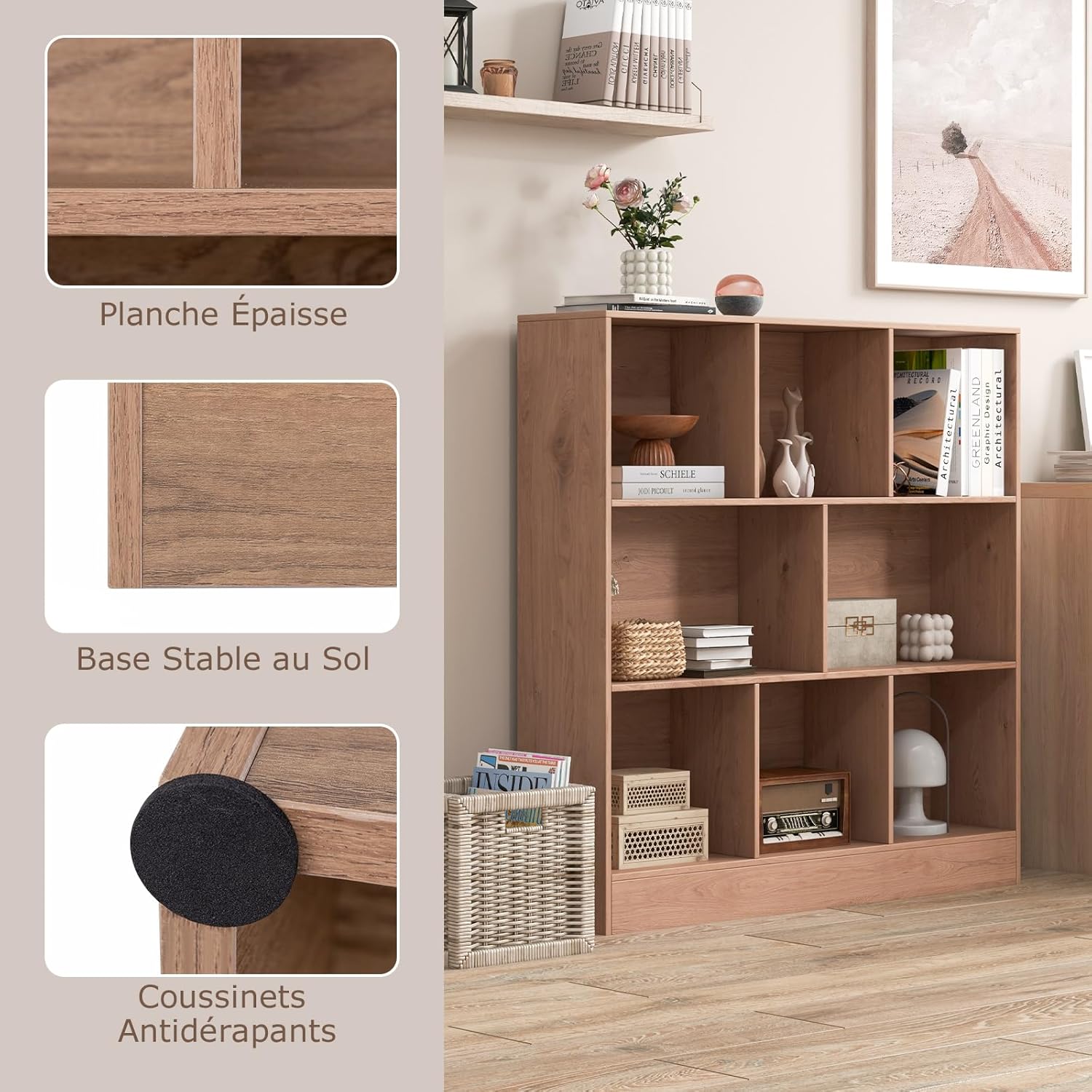 Libreria a 8 Cubi, Organizzatore di Stoccaggio a 3 Ripiani con 2 Kit Anti-Ribaltamento, Scaffale Multiuso in Legno per Soggiorno, Ufficio Stan - 9