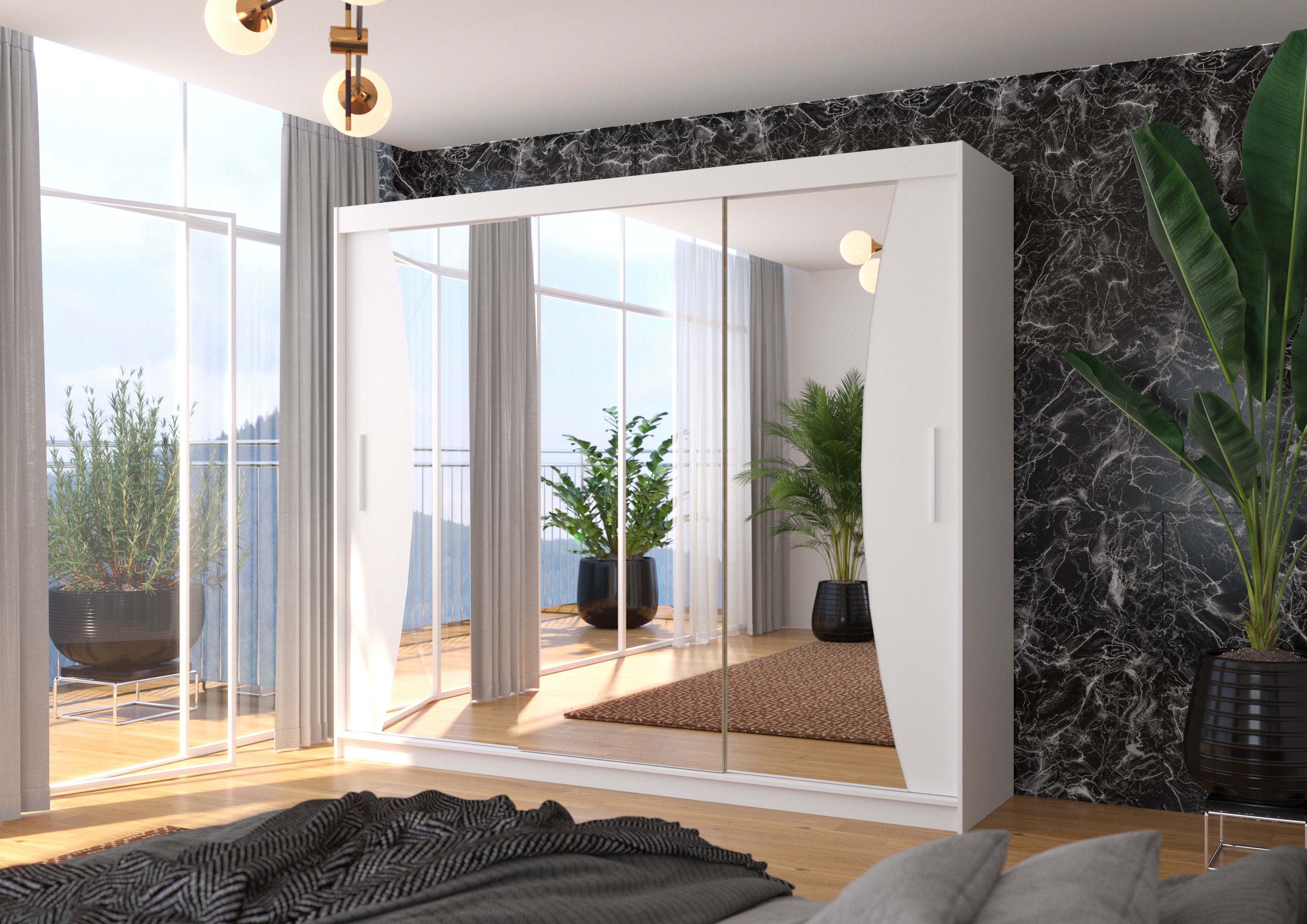 Grande armoire de chambre à coucher 3 portes coulissantes blanches et miroir Douko 250cm - 2