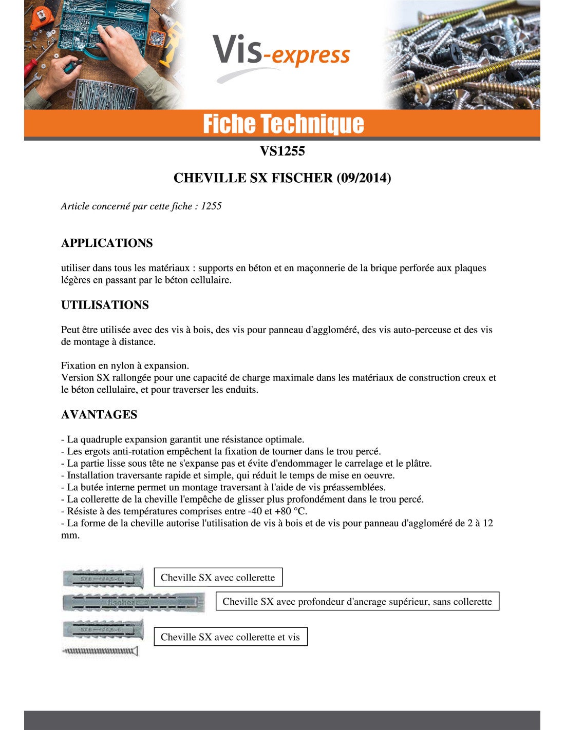 Cheville Nylon à collerette Fischer SX 6X30-10 pièces - 3