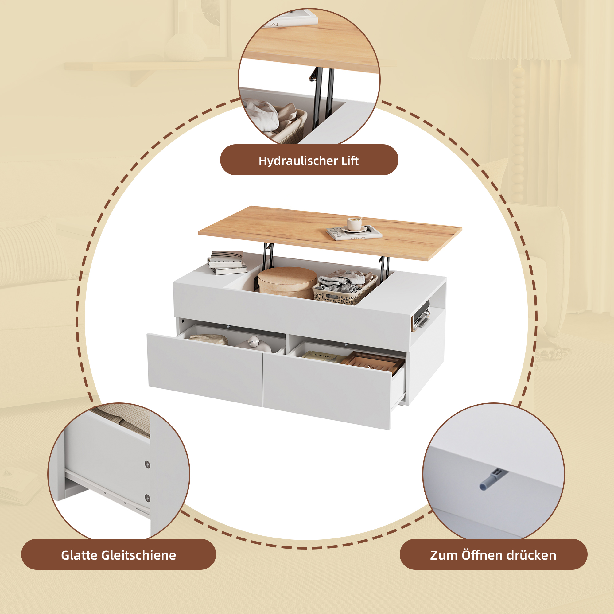 Table basse avec plateau relevable et 2 tiroirs - 100 x 50 x 40 cm - Panneau de particules - Blanc + bois - 6