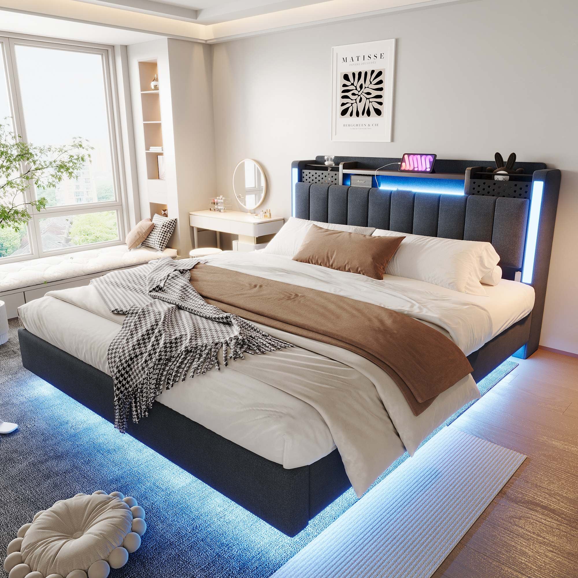 Gohapins – Struttura Letto Matrimoniale In Metallo Bianco Con Testiera, LED RGB E Porte USB, Contenitore Integrato