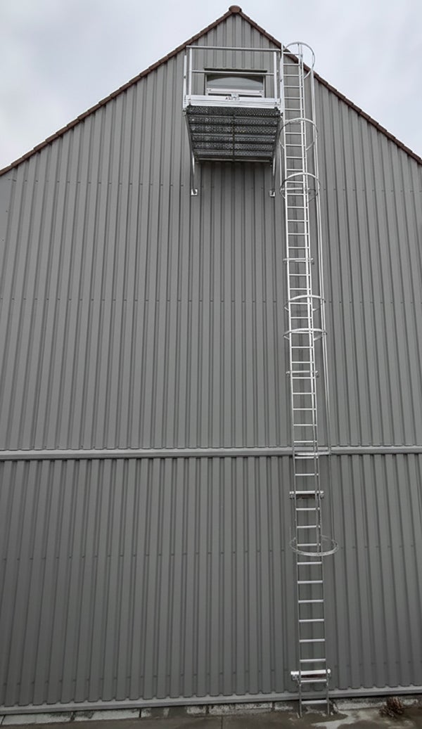 Echelle à crinoline avec sortie, palier latérale 0,6m et porte de condamnation - Hauteur à franchir de 5.80 à 6.10m - CS61-CPSL60-CVAP - 5