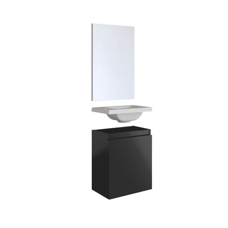 Ensemble meuble lave-mains avec miroir PORTO PACK- noir brillant - L40 x H51 x P25 cm - 6