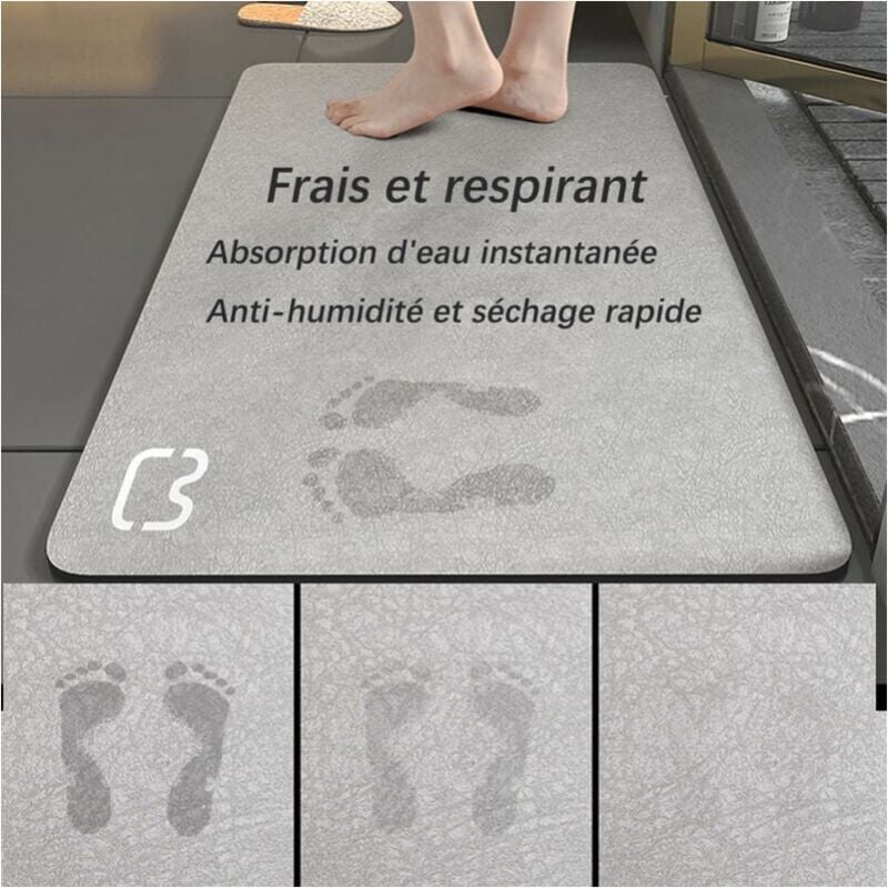 Tapis de salle de bain antidérapant 60 x 90 cm, super absorbant, en microfibre de terre de diatomées, doux, séchage rapide (beige) - 2