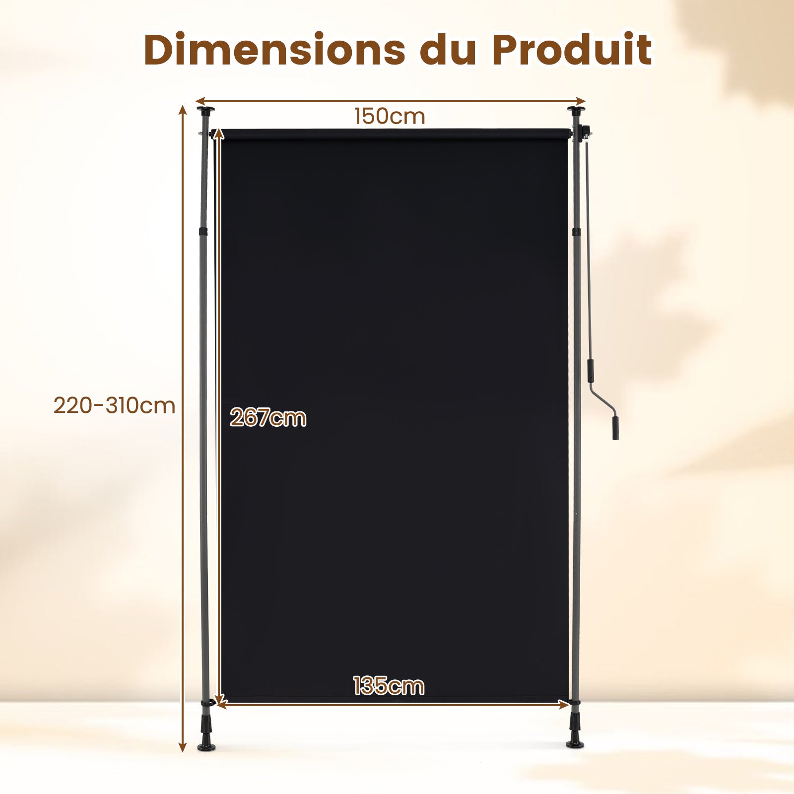 Store Auvent Vertical Manivelle Hauteur Réglable 150 X 220-310 CM, Store Extérieur Rétractable Sans Perçage, Écran Intimité pour Balcon, Noir - 3