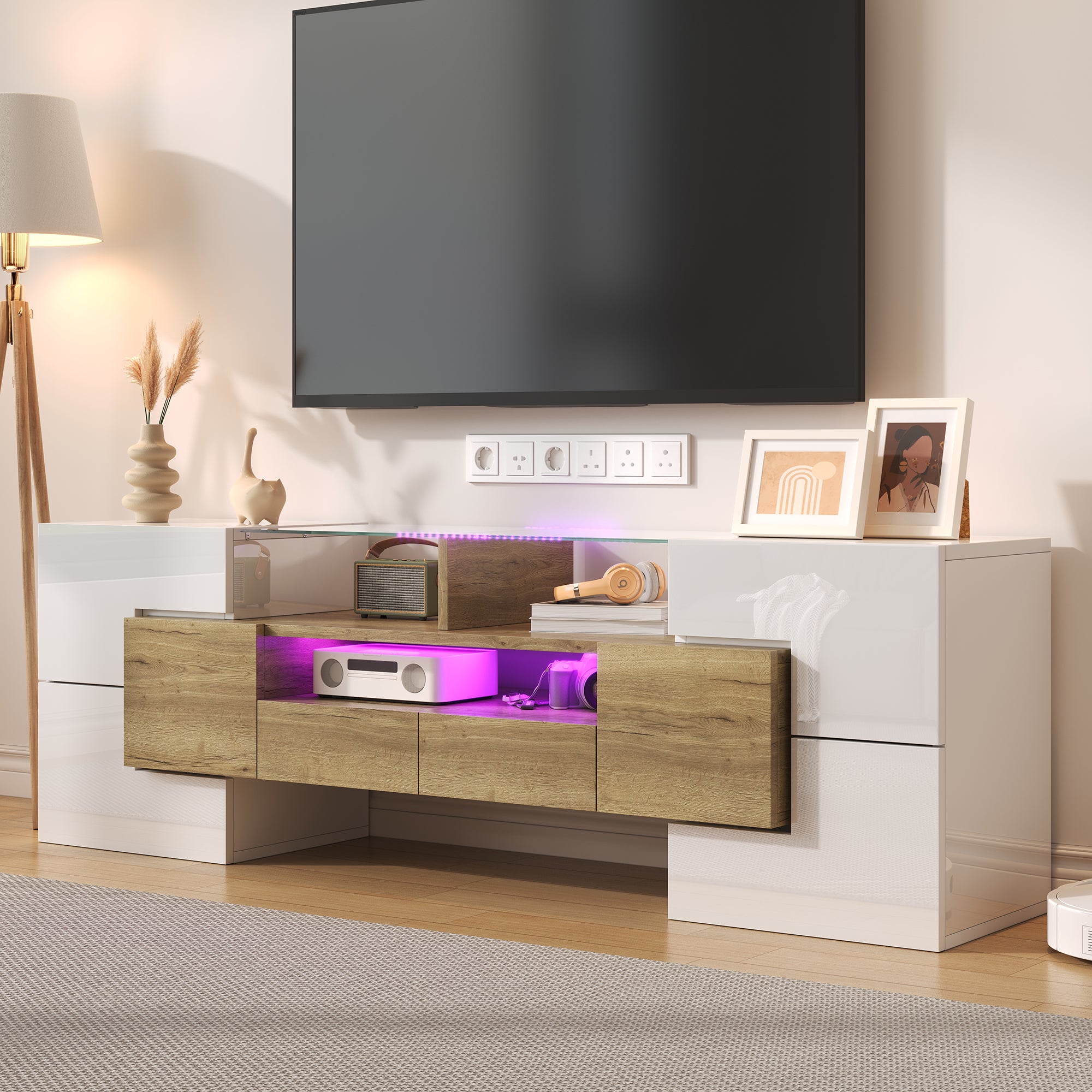 Stolik pod TV 145x30x51 cm - z oświetleniem LED - 4 drzwi - 2 szuflady - półki - biały+naturalny