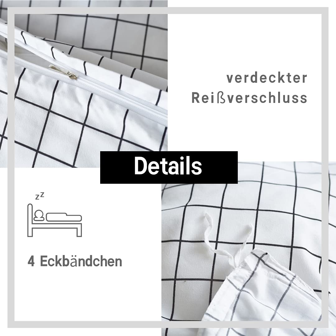 Conjunto de cama de 4 peças, capa de edredom de malha xadrez preta e branca com fecho de zíper e alças de canto (cama de 2 m) - 6