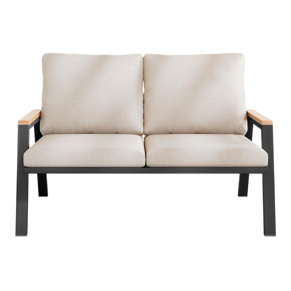 Set de mobilier de jardin Sofa 2 places en acier galvanisé avec accoudoirs bois-plastique style industriel gris-beige - 7