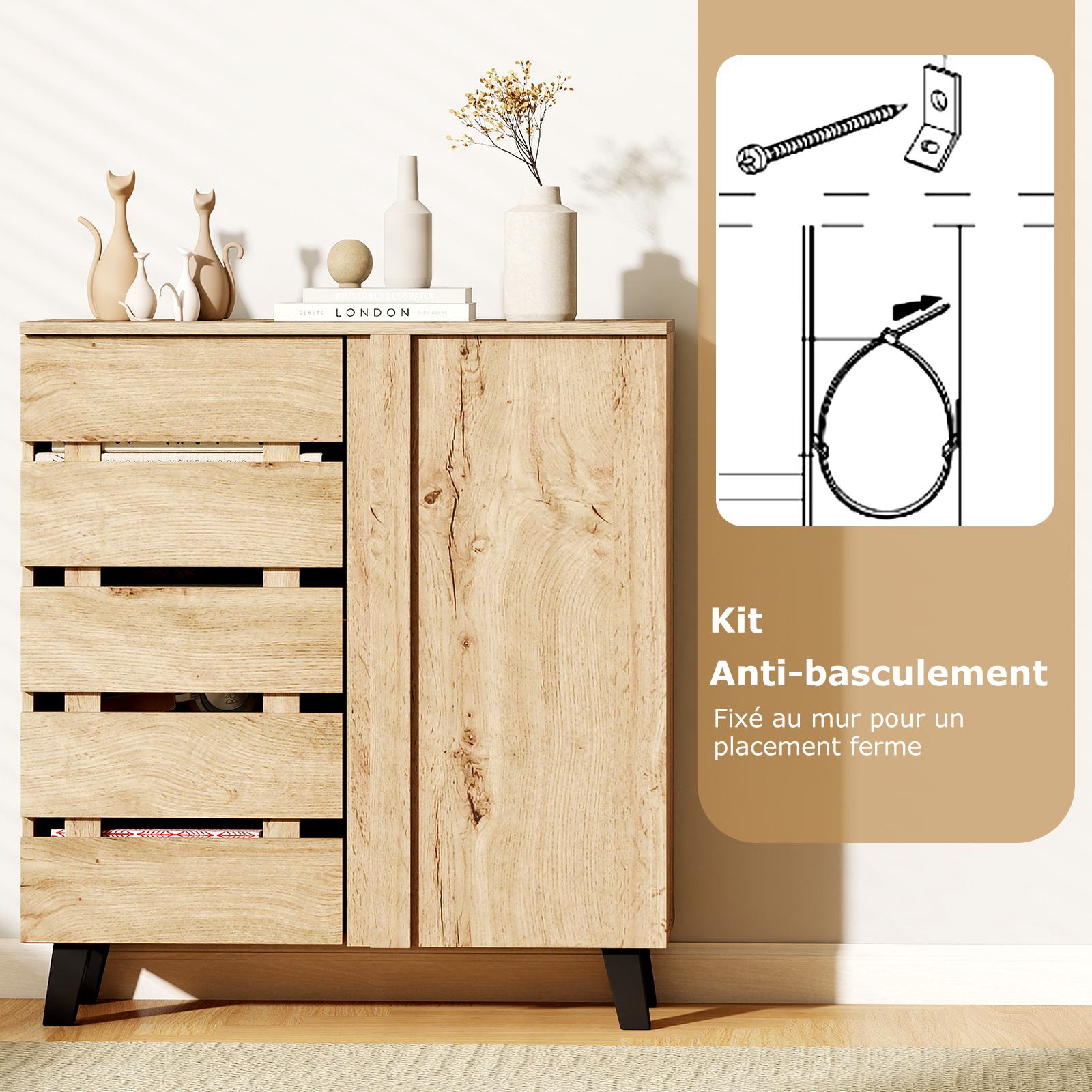 Armoire à Chaussures 4 Niveaux, Organisateur de Rangement avec Porte à Persiennes et étagères Amovibles, Armoire à Chaussures en Bois Style Ferme - 5