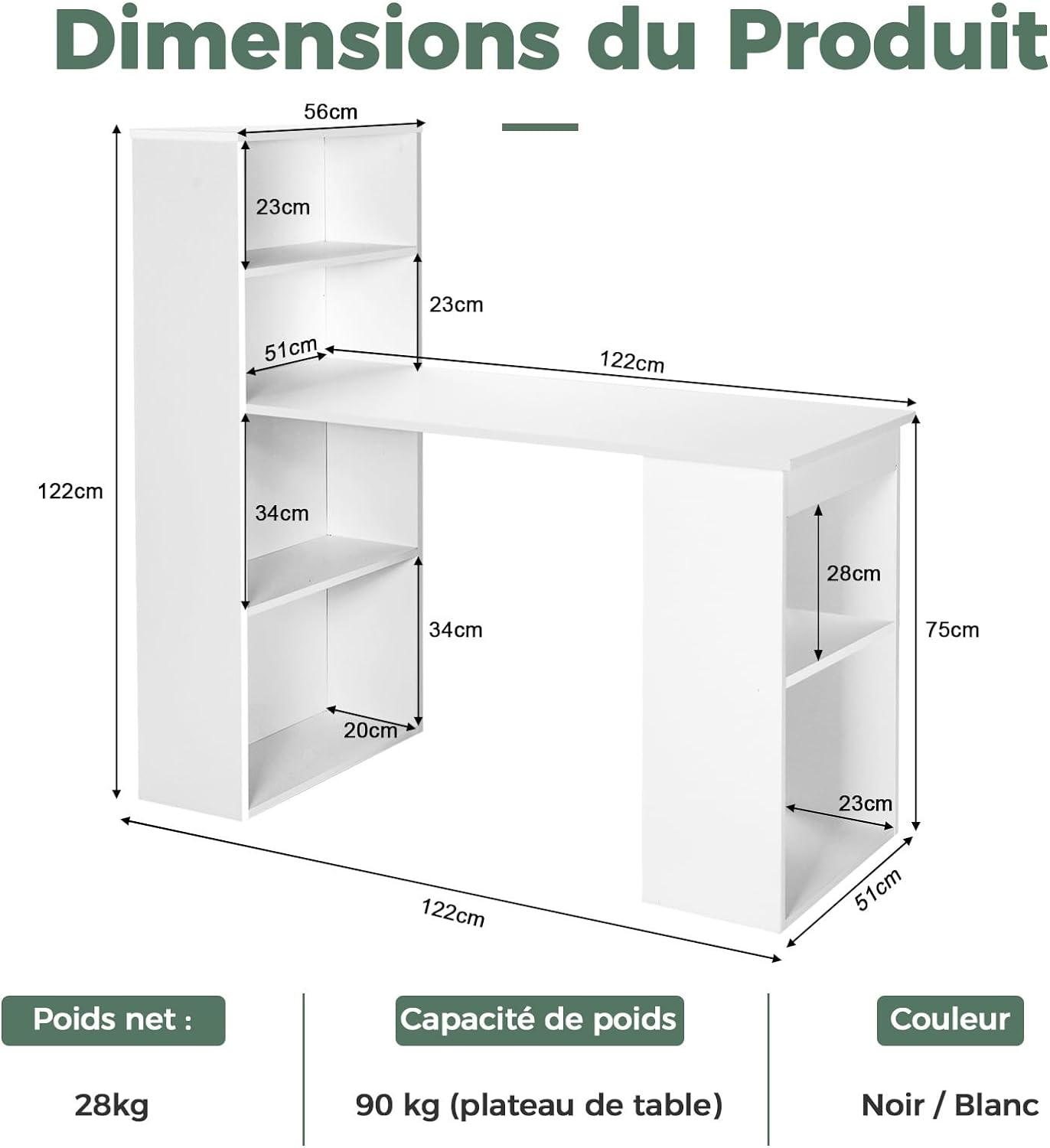 Bureau d'Ordinateur Réversible avec Bibliothèque,Assemblage Facile, pour Maison, Bureaux (Blanc) - 4
