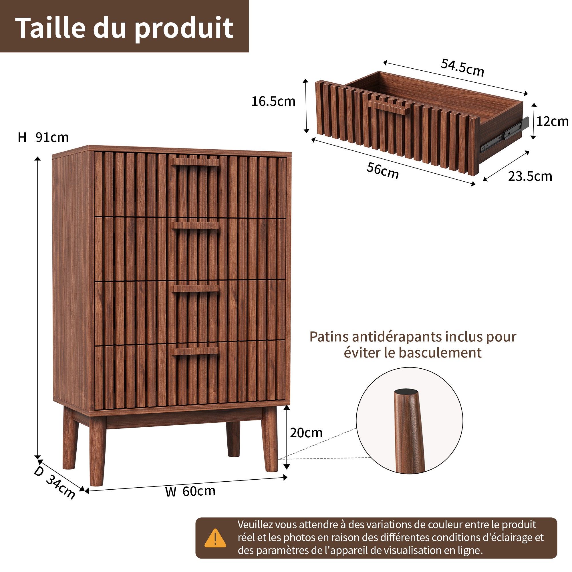 Commode avec 4 tiroirs - poignées en bois - commode de chambre en bois - Style rétro - 60x34x91cm - pour chambre salon - Bois noyer - 6