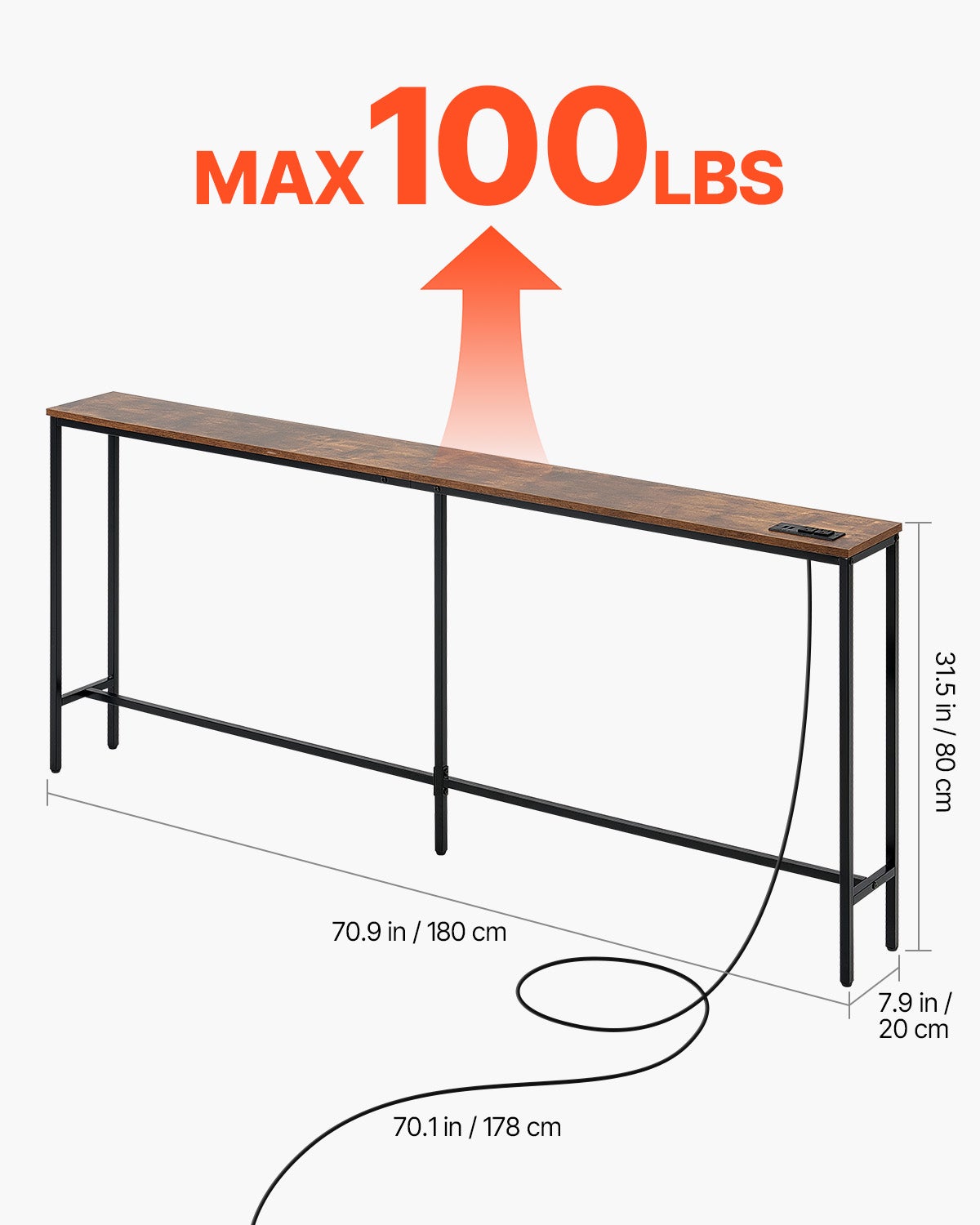 Table Console Étroite 180 cm,VEVOR Table d'Entrée avec Prises,1 Niveau,Cadre Métal,Station de Charge,pour Couloir,Salon,Marron et Noir - 3