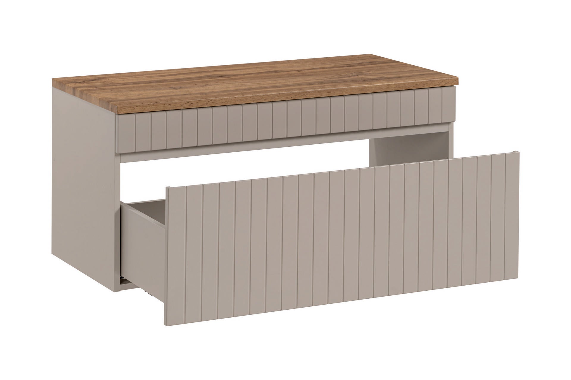 Szafka łazienkowa ICONIC CASHMERE 100 cm kaszmir wisząca frezowany front z blatem dąb - 4