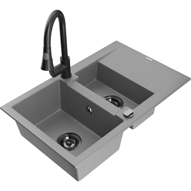 Evier à encastrer 1 bac avec égouttoir, inox et verre LUXE Gris | Leroy Evier à encastrer 1 bac avec égouttoir, inox et verre LUXE Gris | Leroy