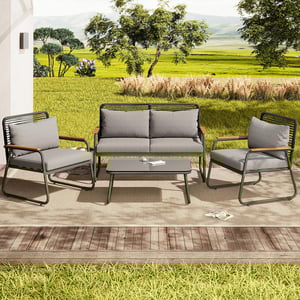 Salon de jardin avec structure en fer galvanisé, plateau de table en verre trempé, pieds de table réglables avec siège et coussins, gris