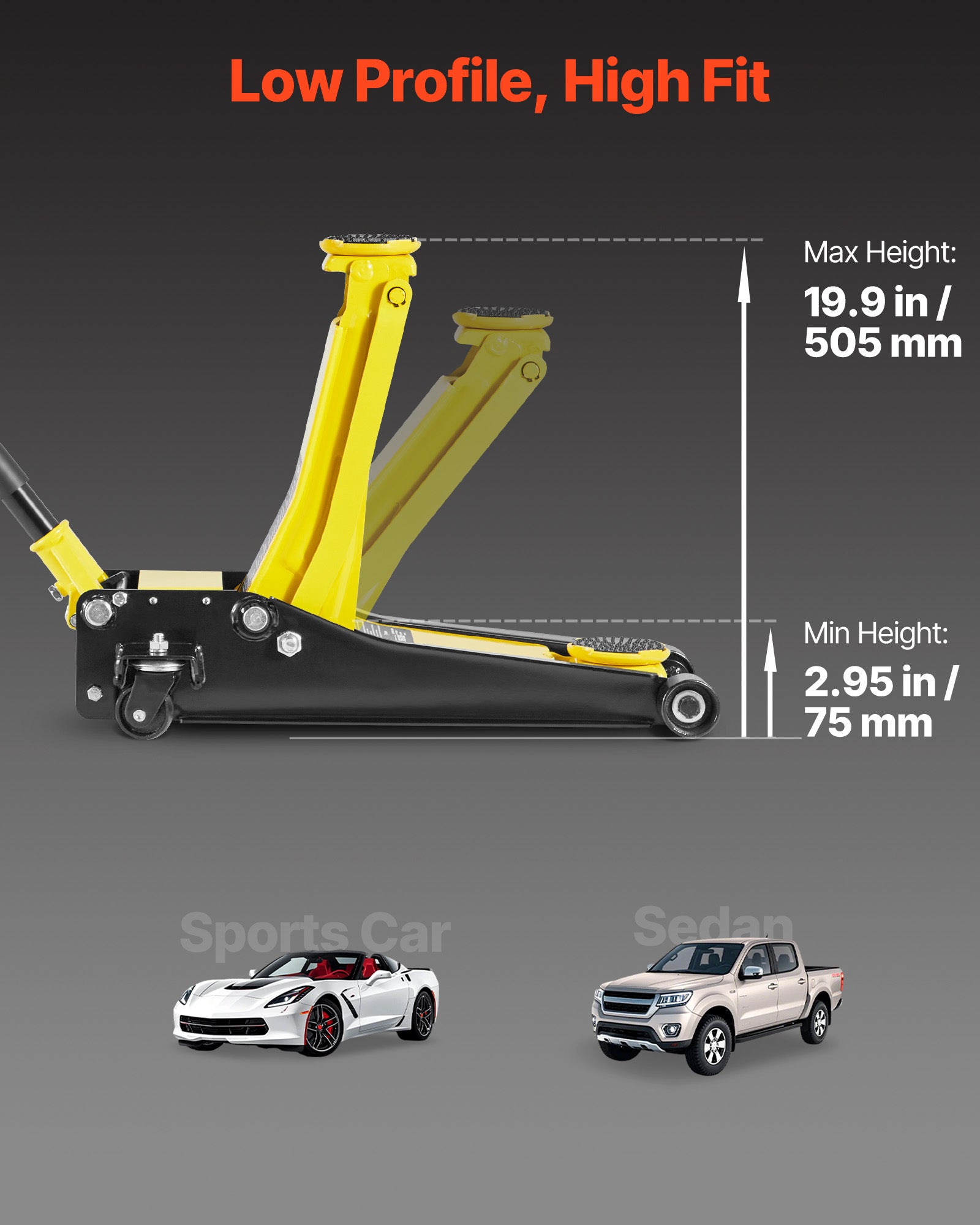 Macaco hidráulico VEVOR baixo perfil, capacidade 2 T, elevação de 7,5-50,5 cm, com bomba de elevação rápida pistão duplo, para elevação carros sedãs - 3