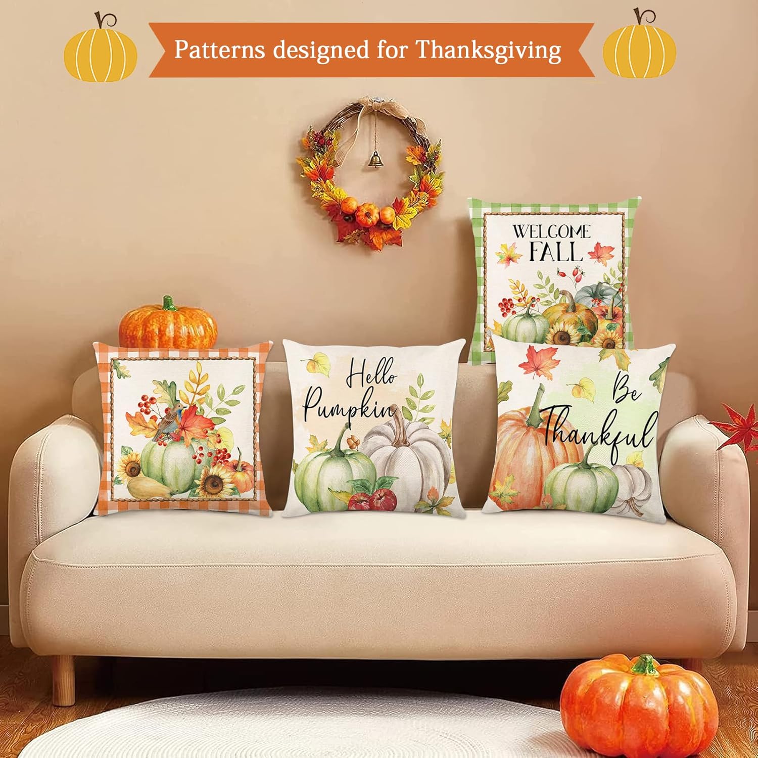 Lot de 4 housses de coussin décoratives citrouilles 45 x 45 cm, pour Thanksgiving, pour canapé, salon, chambre, jardin, décoration d'intérieur - 4
