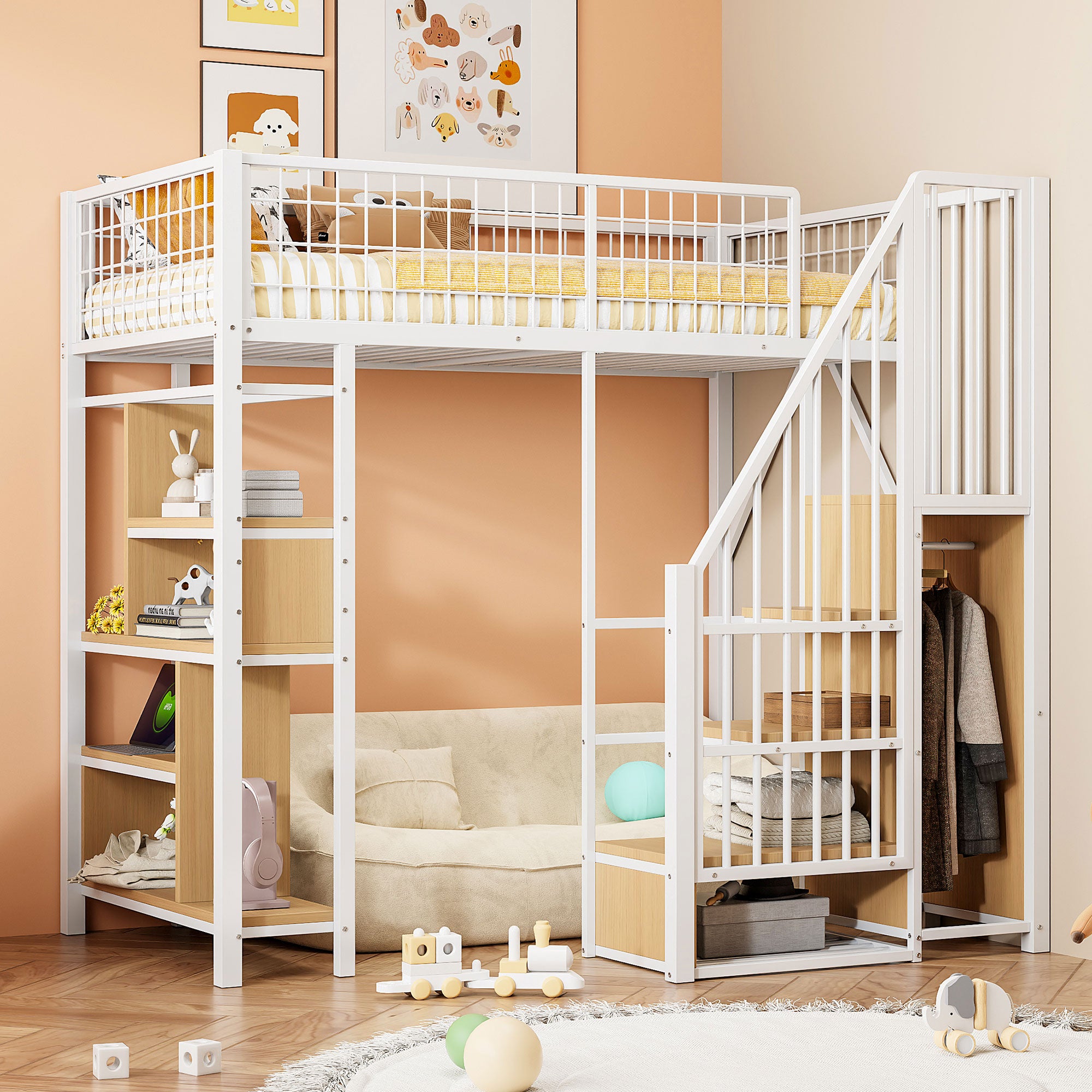 Lit mezzanine multifonction 90 x 200 cm, lit en métal avec rangements, étagères et escalier, lit adulte et lit enfant, blanc - 3