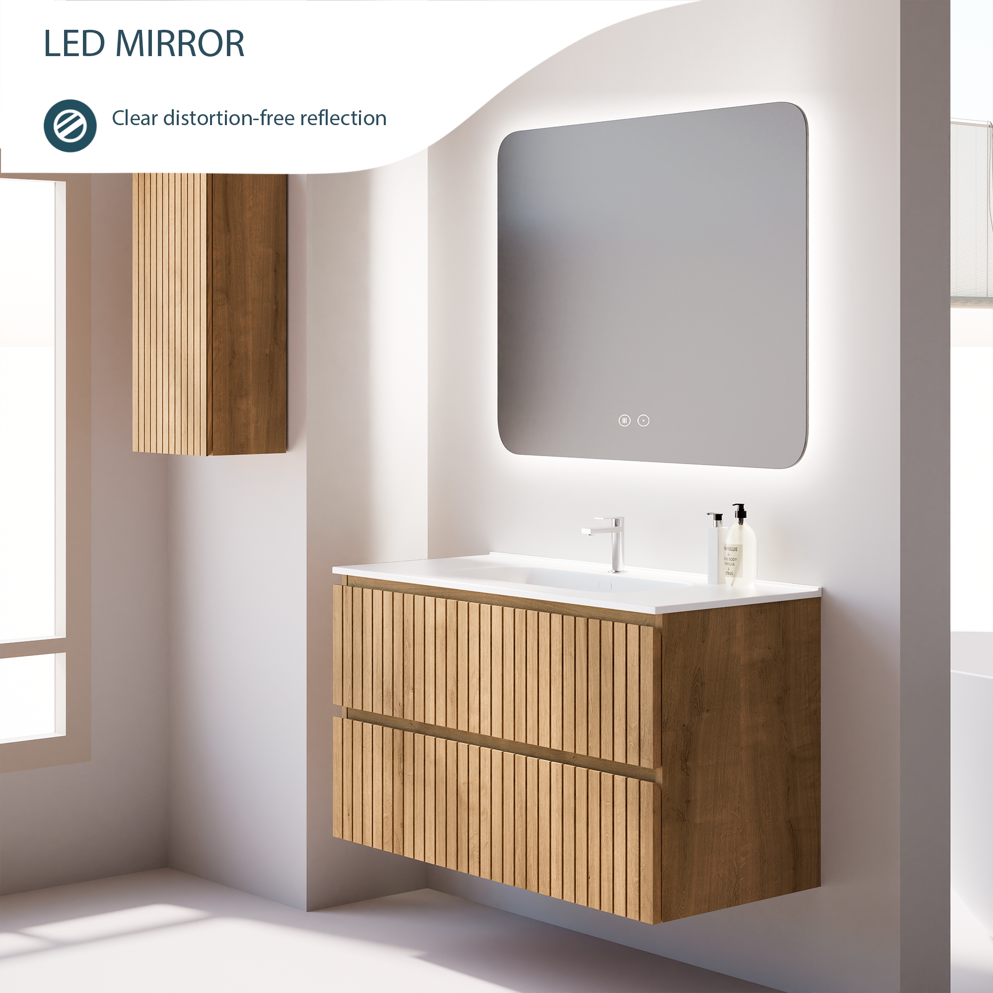 Feel Your Bath, Miroir de salle de bain carré avec lumière LED réglable de 100x80 cm, avec interrupteur tactile, anti-buée et arrêt automatique - 2