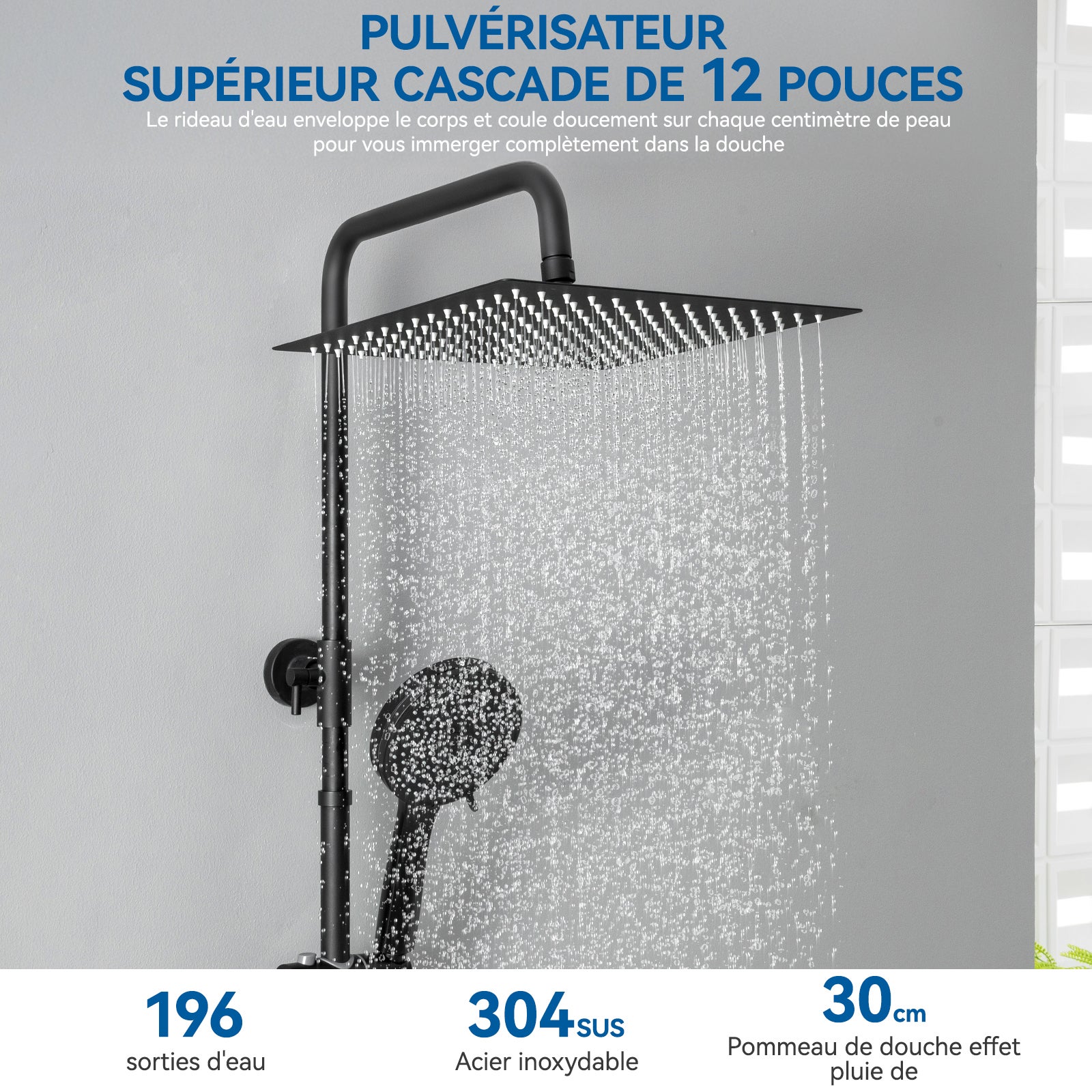 Columna ducha termostática,cabezal ducha cuadrado 30*30cm, cabezal ducha redondo 5 chorros,ducha lluvia ajustable altura,con mezclador de cobre,negro - 3