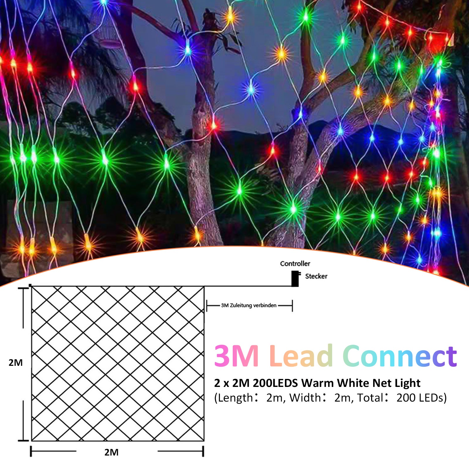 Cortina de luz LED decoración guirnalda luz 8 modo IP44 fiesta de Navidad al aire libre de interior RGB 2x2M - 6