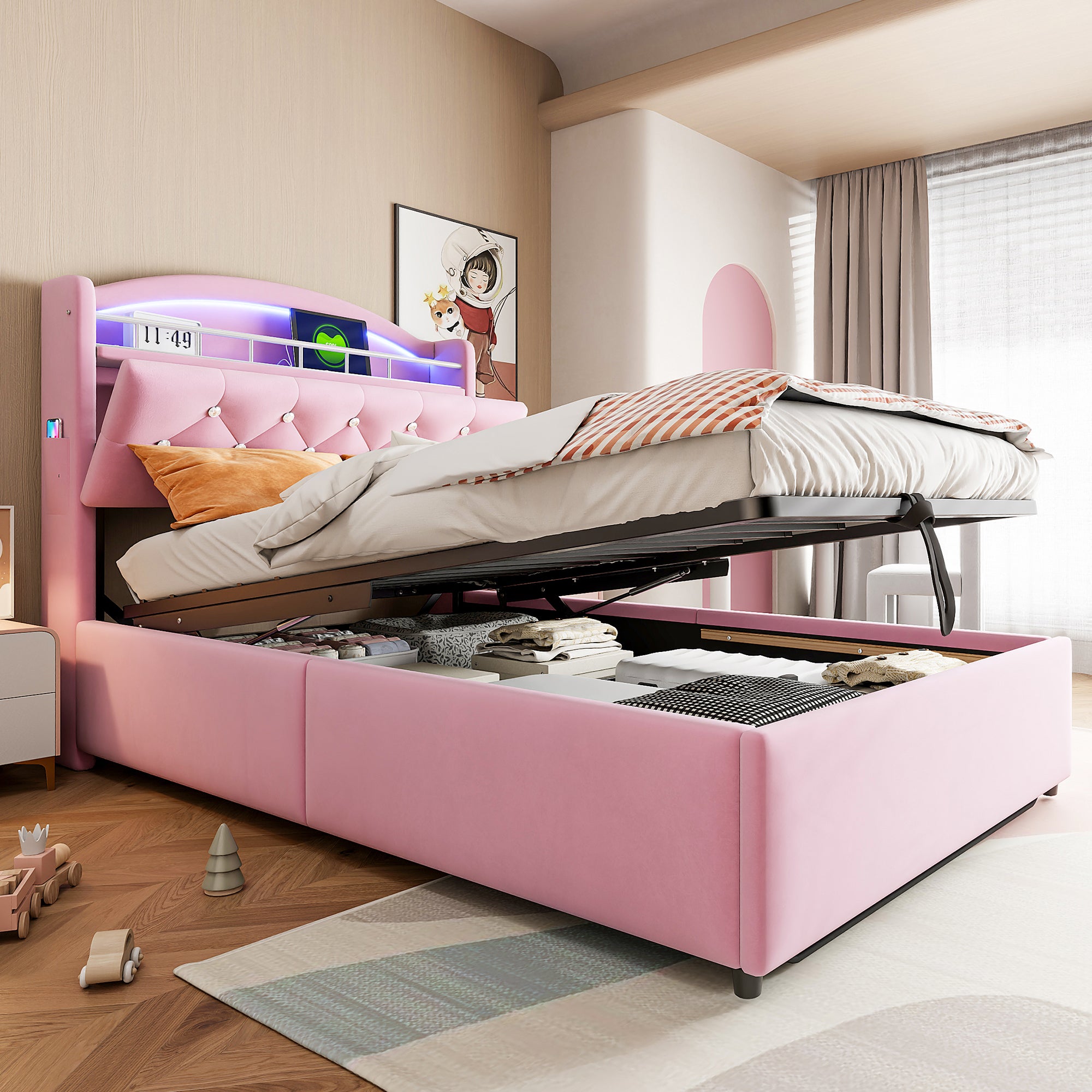 Lit rembourré 90x200 cm,Lit Enfant avec lumière LED et USB,avec Espace de Rangement,Lit Simple multifonctionnel,Velours,Rose (Matelas Non Inclus) - 7