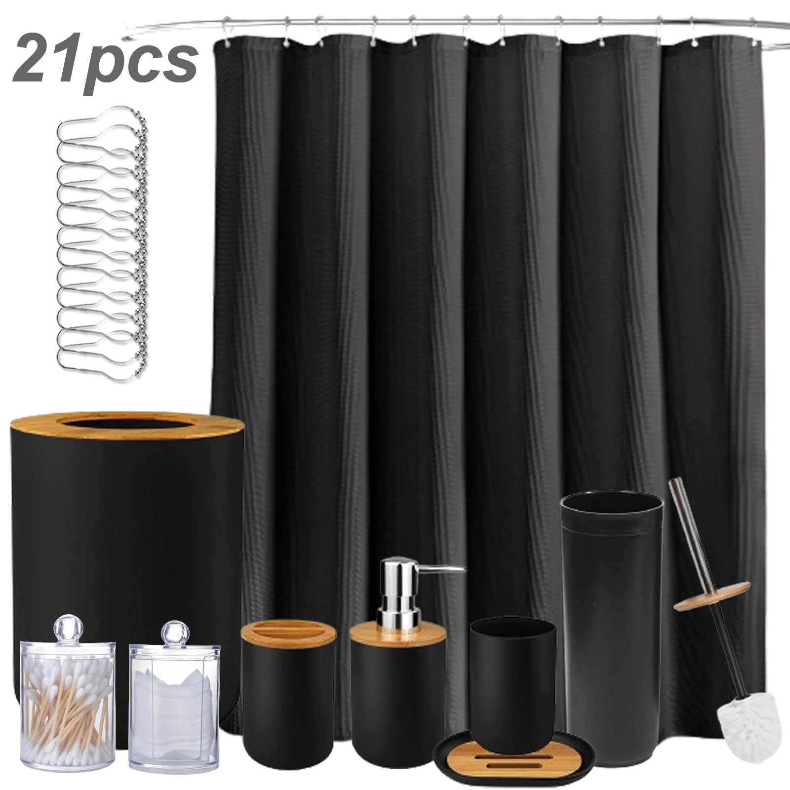 Set Accessori Bagno Completo 10 Pezzi Con Tenda Doccia Tema Marino, Portaspazzolino, Dispenser, Scopino, Cestini E Bidone