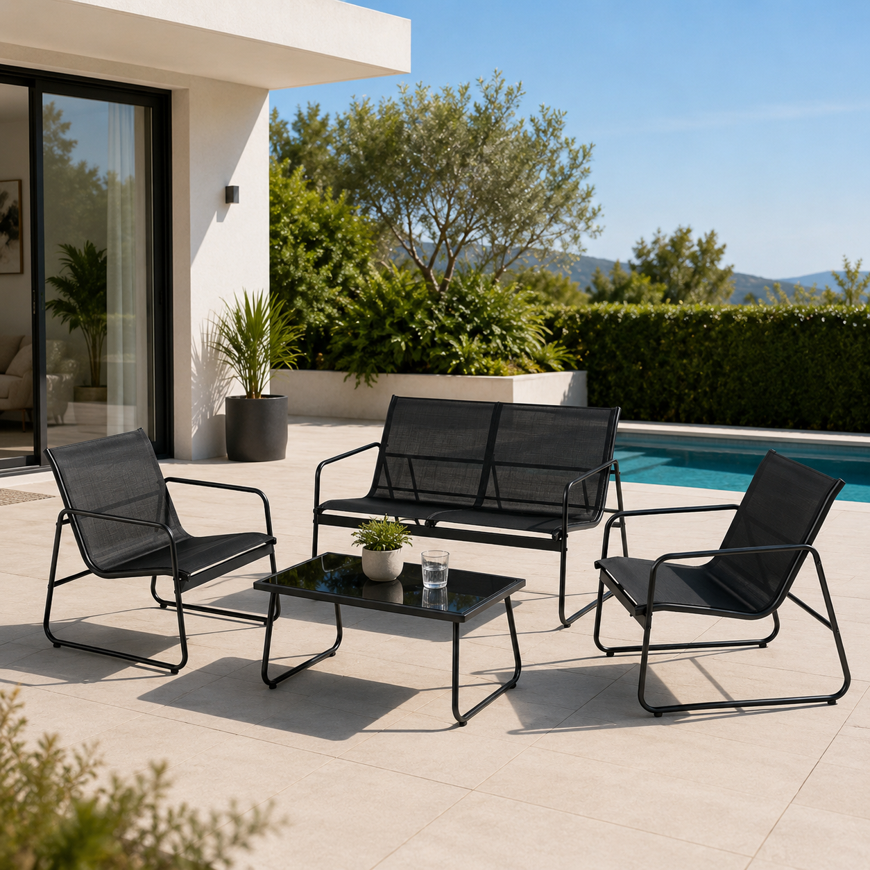 Ensemble de jardin acier textilène 4 pièces table en verre - 2