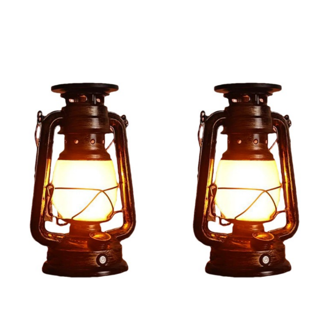 Zestaw 2 zewnętrznych latarni solarnych LED w stylu vintage, latarnia sztormowa, latarnia kempingowa retro z efektem płomienia, wodoodporna