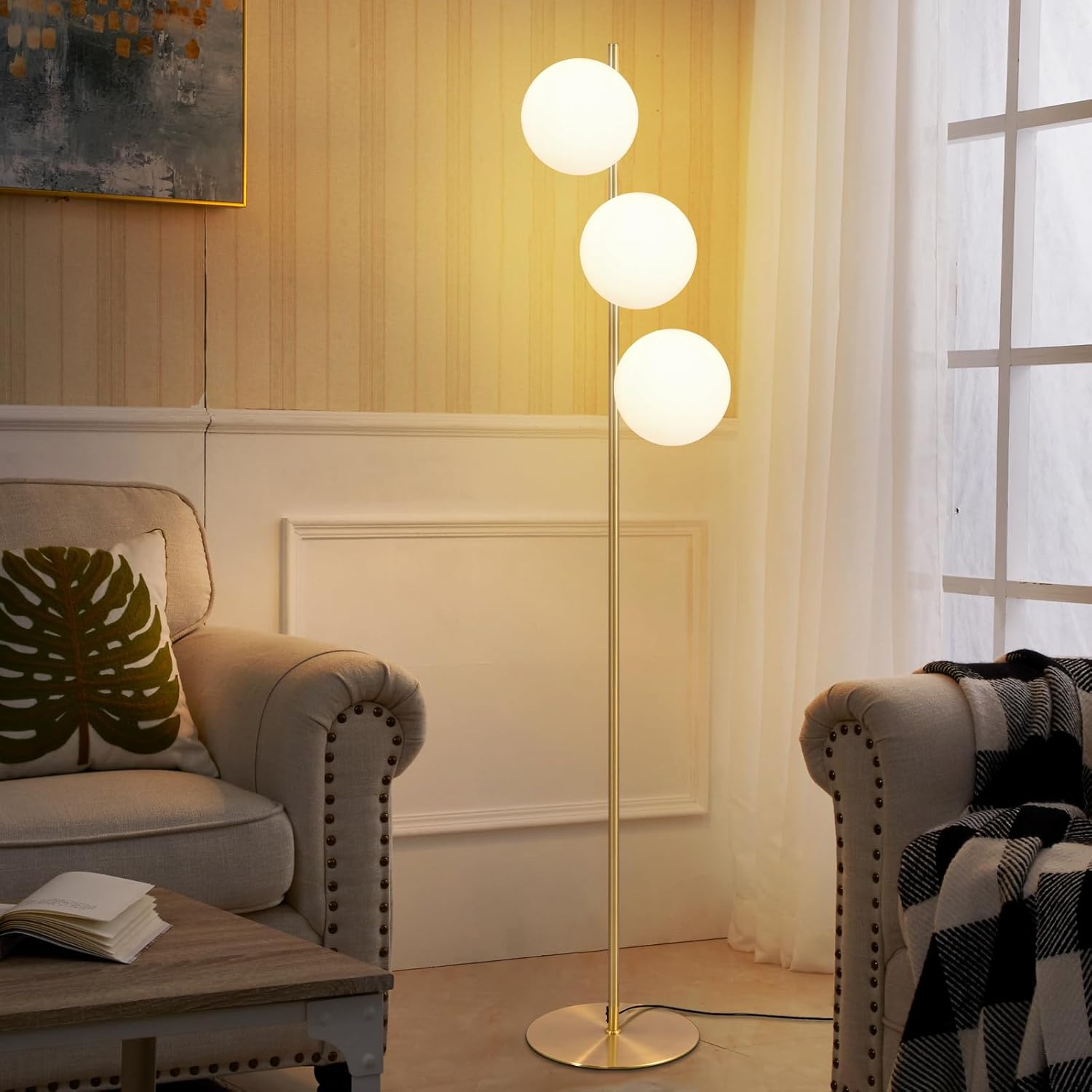 NETTLIFE Lampadaire Moderne - Lampadaire Salon E27 Or Design Lampe à 3 Flammes avec Interrupteur à Pied Métal Blanc Verre Industriel Lampe de Sol - 2