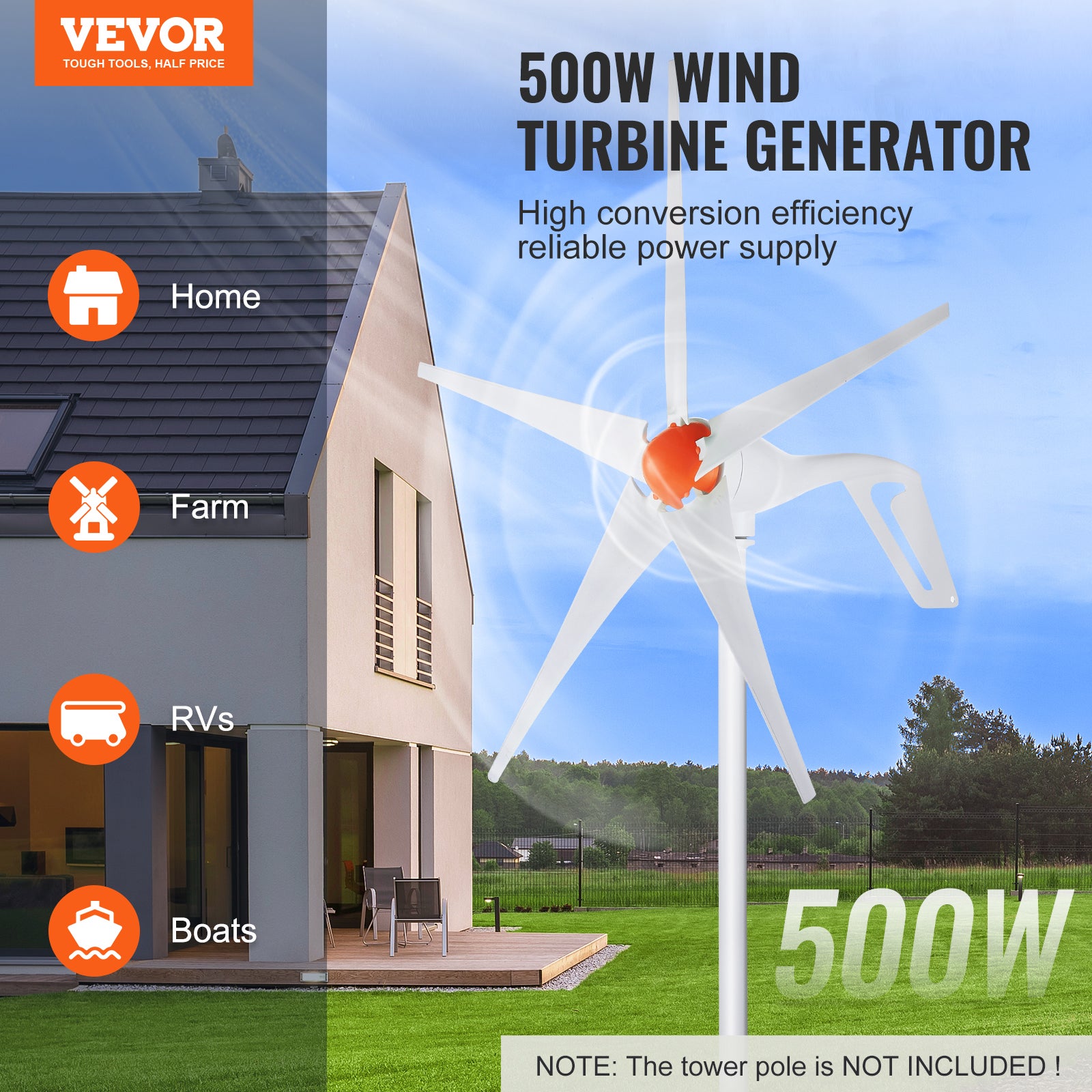 Gerador turbina eólica 500 W, kit energia eólica 12 V e 5 lâminas com controlador MPPT, direção vento ajustável e velocidade partida 2,5 m/s SucceBuy - 4