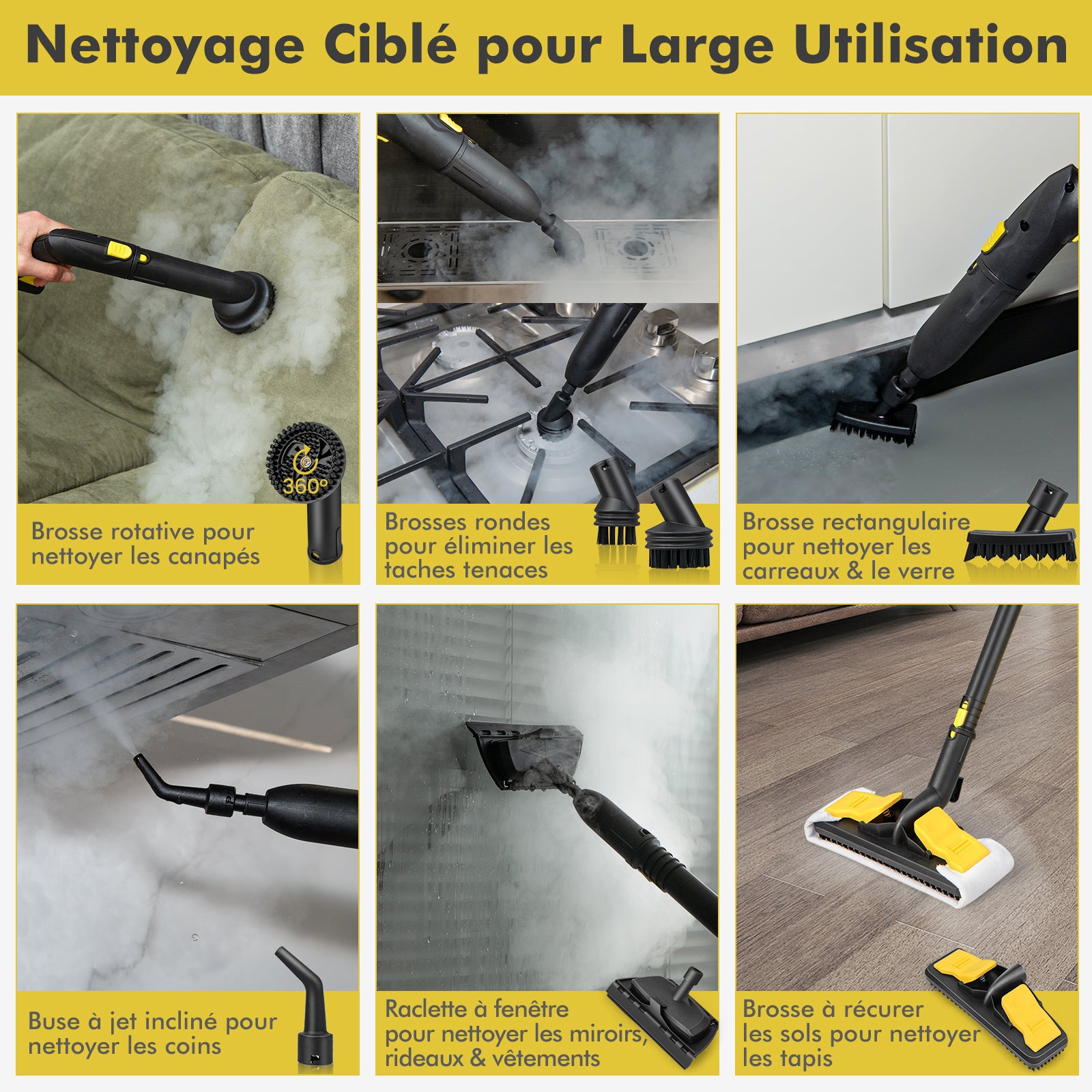 Nettoyeur Vapeur Polyvalent de 2000W avec 15 Accessoires et Manomètres, Balai Vapeur à Roulettes 5 Bars avec Réservoir de 1,8 L, Jaune - 5