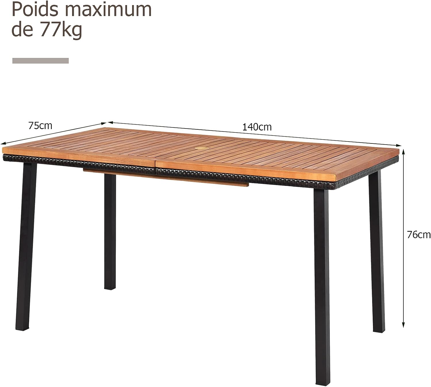 Table de Jardin en Acacia Massif Certifié FSC, avec Trou de Parasol, 140Lx75lx76H CM,Table à Manger d'Extérieur 6-8 Personnes, Naturel - 5
