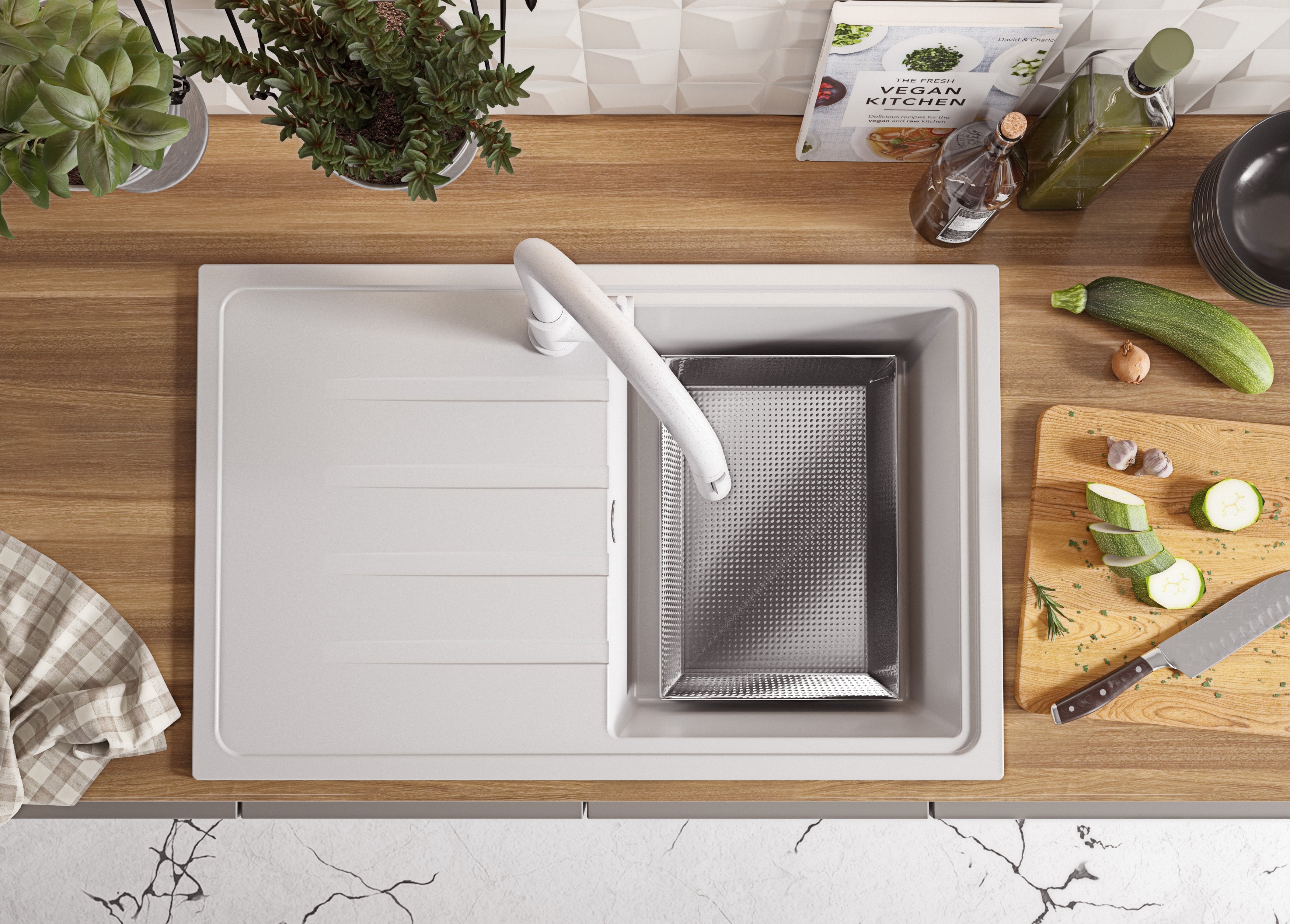 Evier Cuisine en Granit Blanc 78x50cm, Lavabo 1 bac + Kit de Vidage, Évier à Encastrer au meuble 45cm - Milan PRIMAGRAN - 4